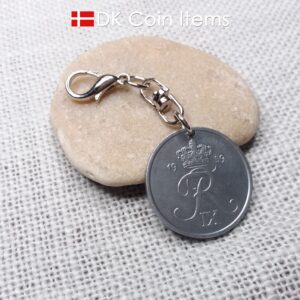 Denmark 1959 R-initial coin charm with 65 year old 5 ore as coin pendant on swivel unit and 18mm lobster claw clasp