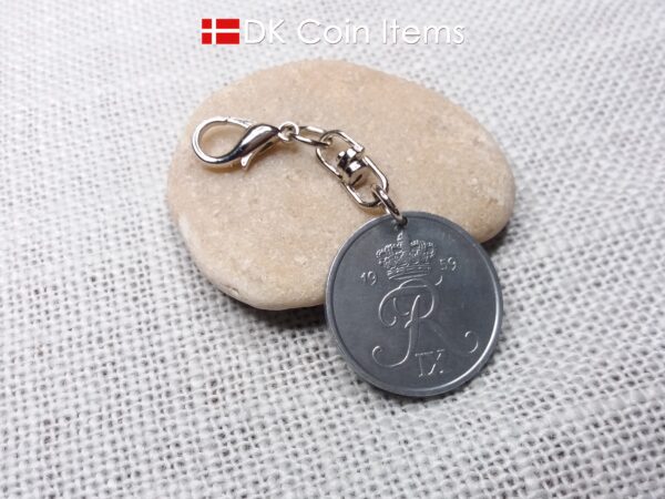 Denmark 1959 R-initial coin charm with 65 year old 5 ore as coin pendant on swivel unit and 18mm lobster claw clasp