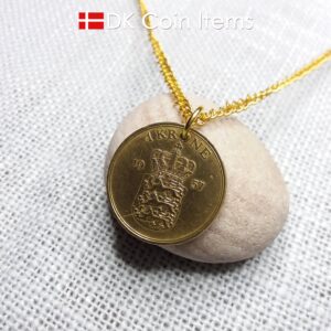 Denmark 1957 coin pendant necklace with golden 67 year old vintage 1 krone. Cord/Chain options