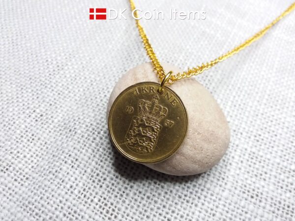 Denmark 1957 coin pendant necklace with golden 67 year old vintage 1 krone. Cord/Chain options