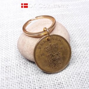 Denmark 1958 coin keychain with golden 66 year old vintage 2 kroner as coin pendant on 30mm keyring