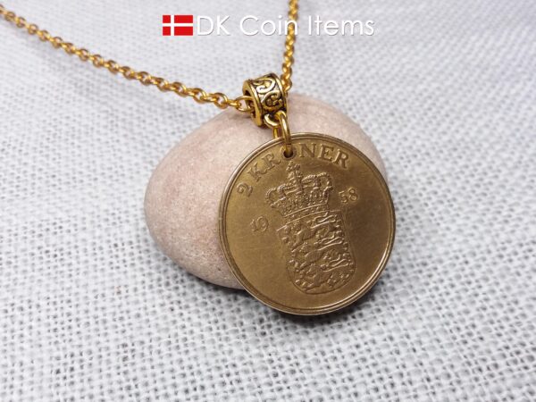 Denmark 1958 coin necklace with golden 66 year old vintage 2 kroner as coin pendant on bail. Cord/Chain options