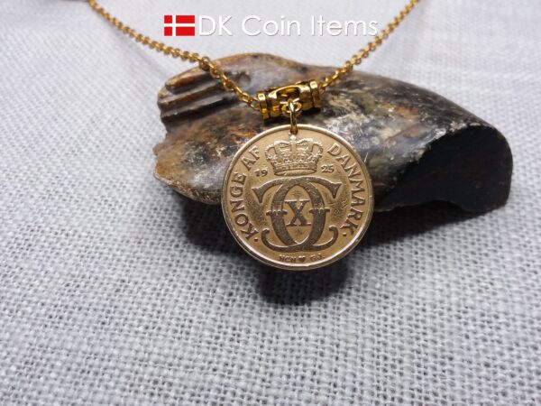 Denmark 1925 Crown C-initial coin necklace with golden 99 year old vintage 2 kroner as coin pendant. Cord/Chain options