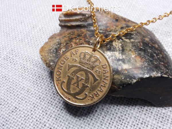 Denmark 1925 Crown C-initial coin pendant necklace with golden 99 year old vintage 2 kroner. Cord/Chain options