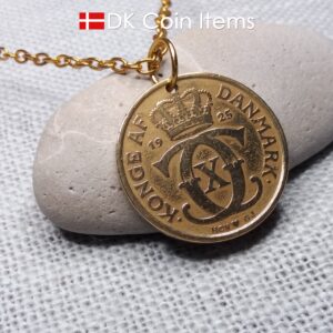 Denmark 1925 Crown C-initial coin pendant necklace with 99 year old golden vintage 2 kroner. Cord/Chain options