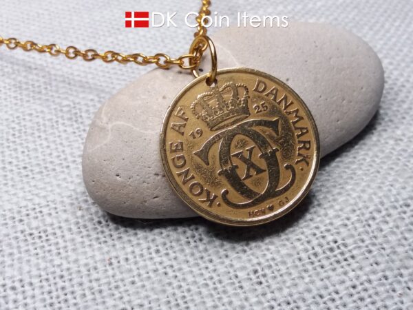 Denmark 1925 Crown C-initial coin pendant necklace with 99 year old golden vintage 2 kroner. Cord/Chain options