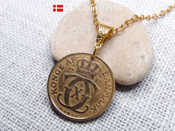 Denmark 1925 Crown C-initial coin necklace with 99 year old golden vintage 2 kroner as coin pendant. Cord/Chain options