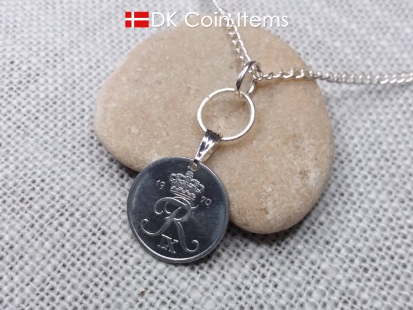 Denmark 1970 R-initial coin necklace with 54 year old 2 ore as coin pendant on silver plated snap lock and rings