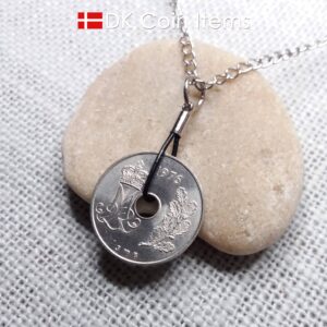 Denmark 1976 M-initial coin necklace with 48 year old 25 ore as coin pendant on black cowhide leather string