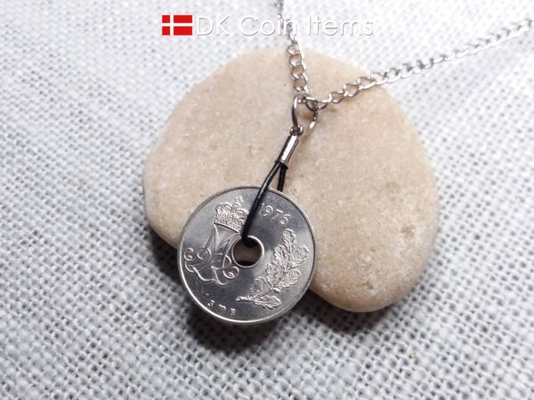 Denmark 1976 M-initial coin necklace with 48 year old 25 ore as coin pendant on black cowhide leather string