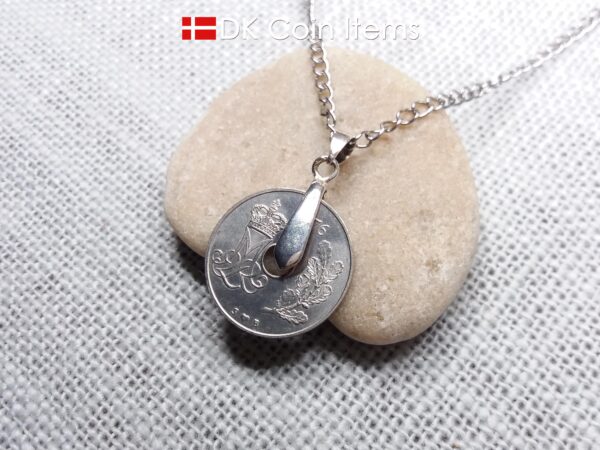 Denmark 1976 M-initial coin necklace with 48 year old 25 ore as coin pendant on pinch bail with snap lock