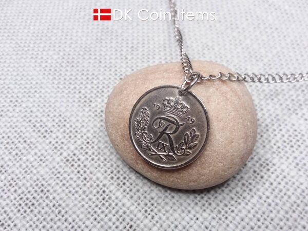 Denmark 1949 R-initial coin necklace with 75 year old vintage 25 ore as coin pendant. Cord/Chain options