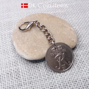 Denmark 1961 R-initial coin charm with 63 year old 25 ore as coin pendant on chain and 18mm lobster claw clasp