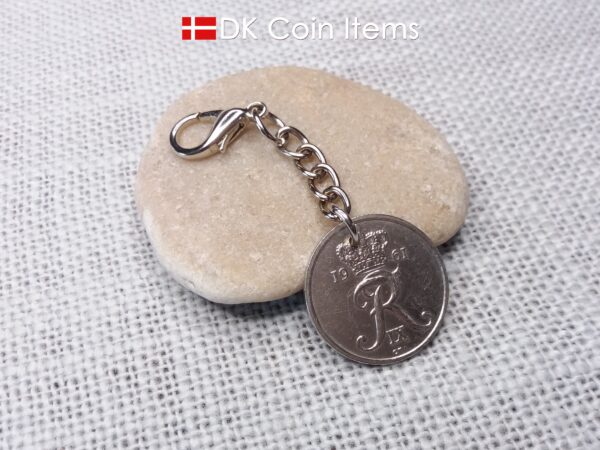 Denmark 1961 R-initial coin charm with 63 year old 25 ore as coin pendant on chain and 18mm lobster claw clasp