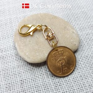 Denmark 1964 R-initial coin charm with 60 year old vintage 5 ore coin pendant on swivel and lobster claw clasp. 60th birthday gift