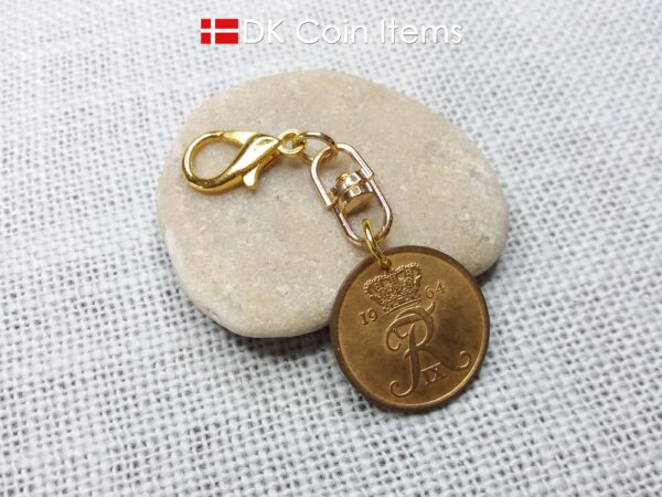 Denmark 1964 R-initial coin charm with 60 year old vintage 5 ore coin pendant on swivel and lobster claw clasp. 60th birthday gift