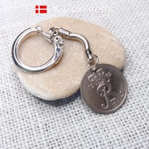 Denmark 1962 R-initial coin keychain with 62 year old 25 ore as coin pendant on snake keyring