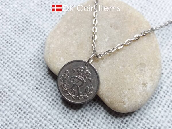 Denmark 1948 R-initial coin pendant necklace with 76 year old vintage 10 ore. 76th birthday gift. 10th anniversary gift. Cord/Chain options