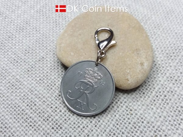 Denmark 1962 R-initial coin charm - 62 year old vintage 5 ore coin pendant on lobster claw clasp - 62nd birthday gift - 5th anniversary gift