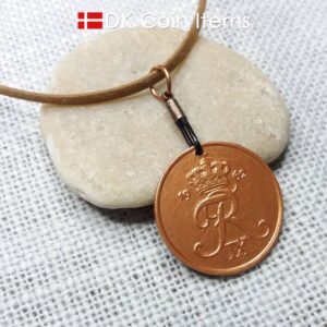 Denmark 1962 R-initial coin necklace - 62 year old copper painted vintage 5 ore coin pendant - 62nd birthday gift - Cord/chain options