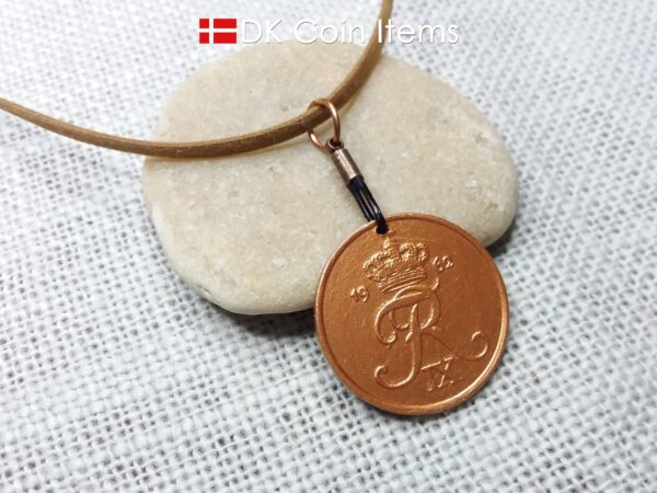 Denmark 1962 R-initial coin necklace - 62 year old copper painted vintage 5 ore coin pendant - 62nd birthday gift - Cord/chain options