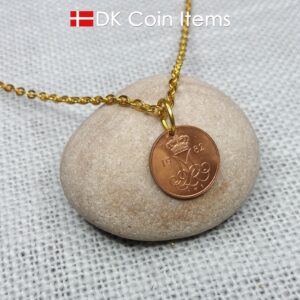 Denmark 1982 M-initial coin pendant necklace with 42 year old vintage copper 5 ore. 42nd birthday gift. 5th anniversary. Danish souvenir