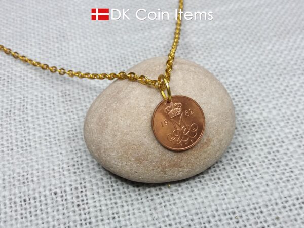 Denmark 1982 M-initial coin pendant necklace with 42 year old vintage copper 5 ore. 42nd birthday gift. 5th anniversary. Danish souvenir