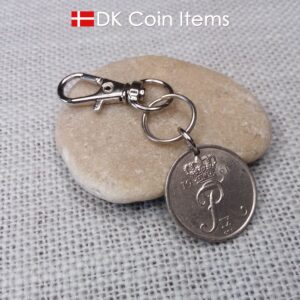 Denmark 1961 R-initial coin charm with 63 year old 25 ore as coin pendant on infinity ring and trigger clip