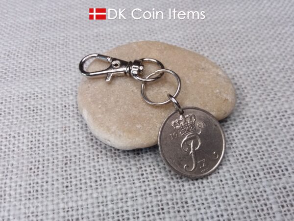 Denmark 1961 R-initial coin charm with 63 year old 25 ore as coin pendant on infinity ring and trigger clip