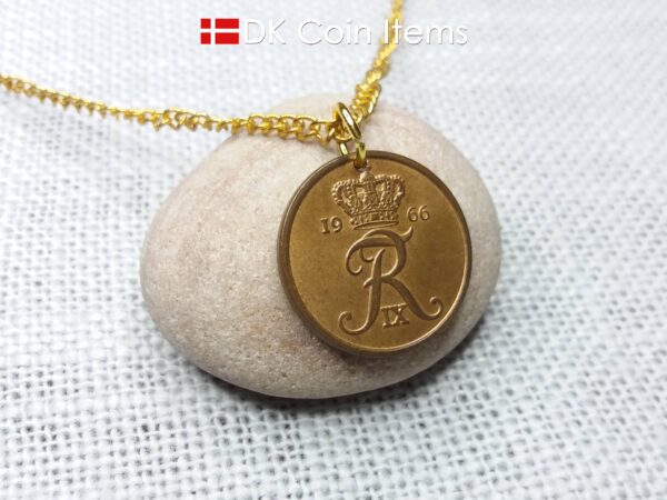 Denmark 1966 R-initial coin pendant necklace with 58 year old vintage 5 ore. 58th birthday gift. 5th anniversary gift. Danish souvenir