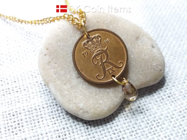 Denmark 1966 R-initial coin necklace - 58 year old vintage 5 ore with bead. 58th birthday gift. 5th anniversary gift. Danish souvenir