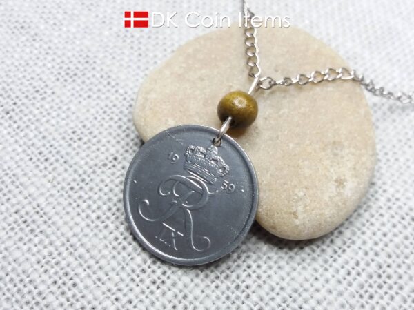 Denmark 1959 coin necklace - Crowned letter R initial on 65 year old 5 ore - 65th birthday gift - Danish souvenir - Cord/chain options