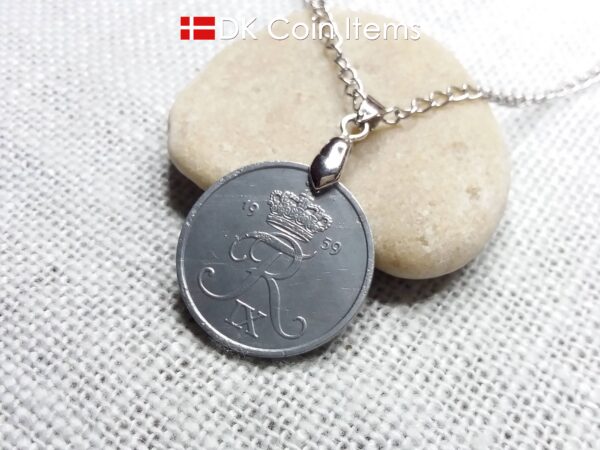 Denmark 1959 coin necklace - Letter R initial on 65 year old 5 ore - 65th birthday gift - Danish souvenir - Cord/chain options