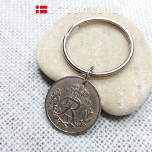 Denmark 1952 coin keychain - Crowned letter R initial on 72 year old 25 ore on 30mm keyring - 72nd birthday gift - Danish souvenir