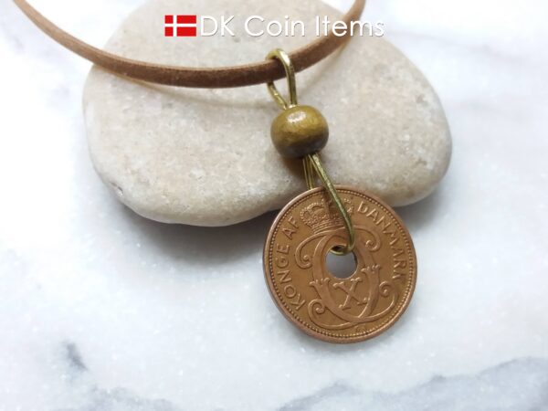 Denmark 1938 coin necklace - Crowned letter C initial on 86 year old 2 ore - Antique Danish souvenir - 86th birthday gift. Cord/chain option