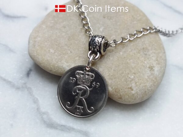 Denmark 1969 coin necklace - Crowned Letter R initial on 55 year old 10 ore - 55th birthday gift - Danish souvenir - Cord/chain options