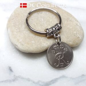 Denmark 1969 coin keychain - Crowned Letter R initial on 55 year old 10 ore - 55th birthday gift - 10th anniversary gift - Danish souvenir