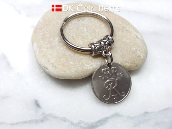 Denmark 1969 coin keychain - Crowned Letter R initial on 55 year old 10 ore - 55th birthday gift - 10th anniversary gift - Danish souvenir