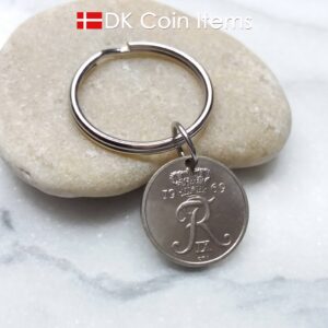 Denmark 1969 coin keychain - 55 year old Letter R initial 10 ore on 25mm keyring - 55th birthday gift - 10th anniversary - Danish souvenir