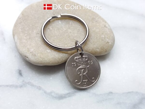 Denmark 1969 coin keychain - 55 year old Letter R initial 10 ore on 25mm keyring - 55th birthday gift - 10th anniversary - Danish souvenir