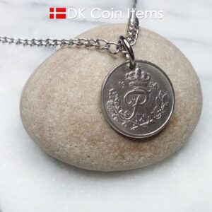 Denmark 1954 coin necklace - 70 year old Crowned Letter R initial 10 ore - 70th birthday gift - Danish souvenir - Cord/chain options