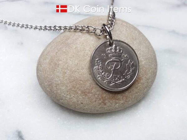 Denmark 1954 coin necklace - 70 year old Crowned Letter R initial 10 ore - 70th birthday gift - Danish souvenir - Cord/chain options