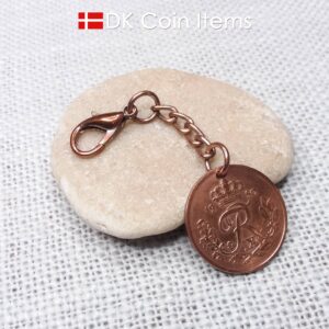 Denmark 1950 R-initial coin pendant charm with 74 year old decoratively copper plated 25 ore and chain plus 18mm lobster claw clasp