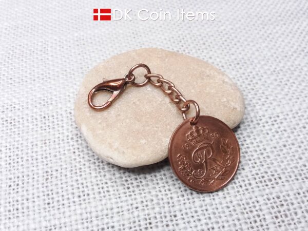 Denmark 1950 R-initial coin pendant charm with 74 year old decoratively copper plated 25 ore and chain plus 18mm lobster claw clasp