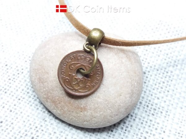 Denmark 1929 coin necklace - Crowned letter C initial on 95 year old 1 ore - Antique Danish souvenir gift - Cord/chain options