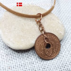 Denmark 1937 coin necklace - Crowned letter C initial on 87 year old 2 ore - Antique Danish souvenir - 87th birthday gift. Cord/chain option