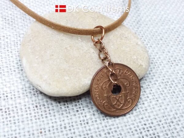 Denmark 1937 coin necklace - Crowned letter C initial on 87 year old 2 ore - Antique Danish souvenir - 87th birthday gift. Cord/chain option