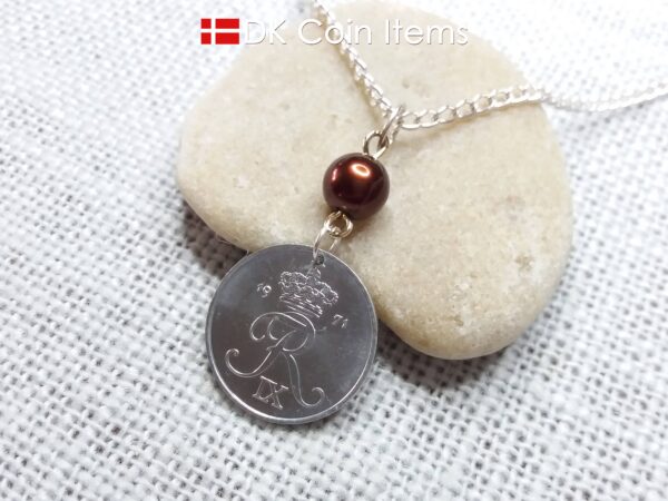 Denmark 1971 coin necklace - 53 year old Crowned Letter R initial 2 ore - 53rd birthday gift - Danish souvenir - Cord/chain options