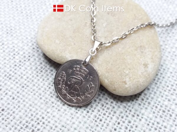 Denmark 1960 coin necklace - 64 year old Crowned Letter R initial 10 ore - 64th birthday gift - Danish souvenir - Cord/chain options