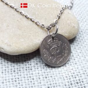 Denmark 1950 coin pendant necklace - 74 year old Crowned Letter R initial 10 ore - 74th birthday gift - Danish souvenir - Cord/chain options